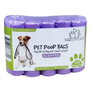 Three Little Pets Poop Bags 5 Rolls 150 Pieces Ultimate Pet Waste Pack, Lavender scented, 100% Leak Proof, Extra Strong, Oxo-biodegradable Waste Bag 30 x 30 cm