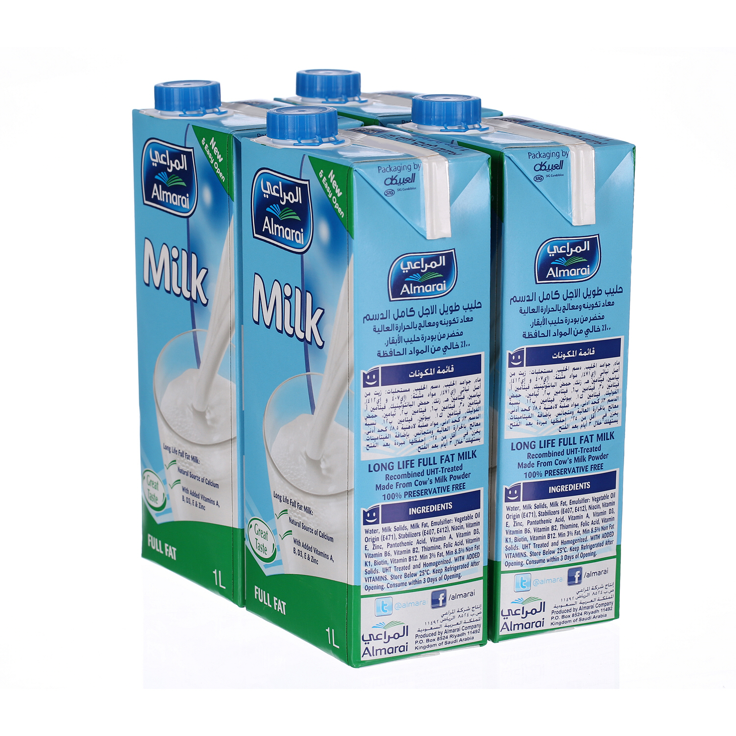 Al Marai Long Life Milk Full Fat with Vitamin 1 L × 4 Pack