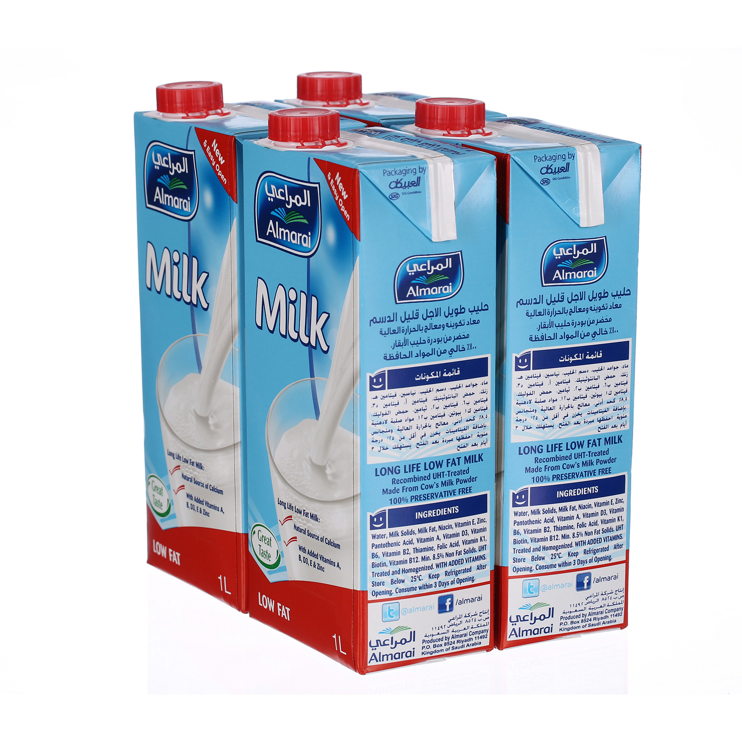 Al Marai Long Life Milk Low Fat with Vitamin 1 L × 4 Pack