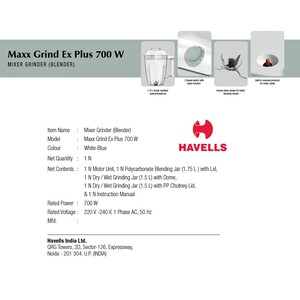Havells Maxx Grind EX Plus 700W 3 In1 Mixer Grinder Blender