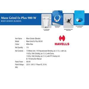 Havells Maxx Grind EX Plus 900W 3 In1 Mixer Grinder Blender