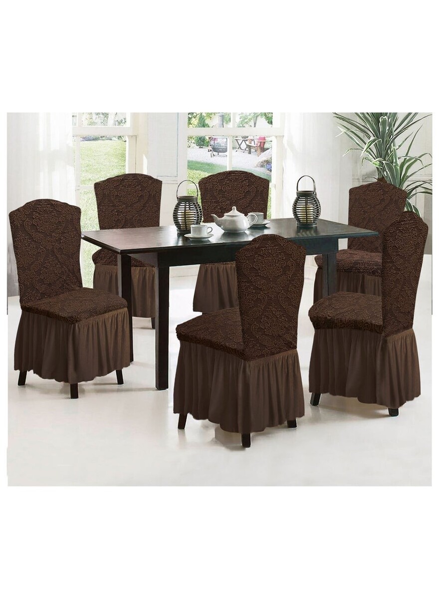 Fabienne 6-Piece Woven Jacquard Stretch Fit Dining Chair Covers Set Chocolate Brown