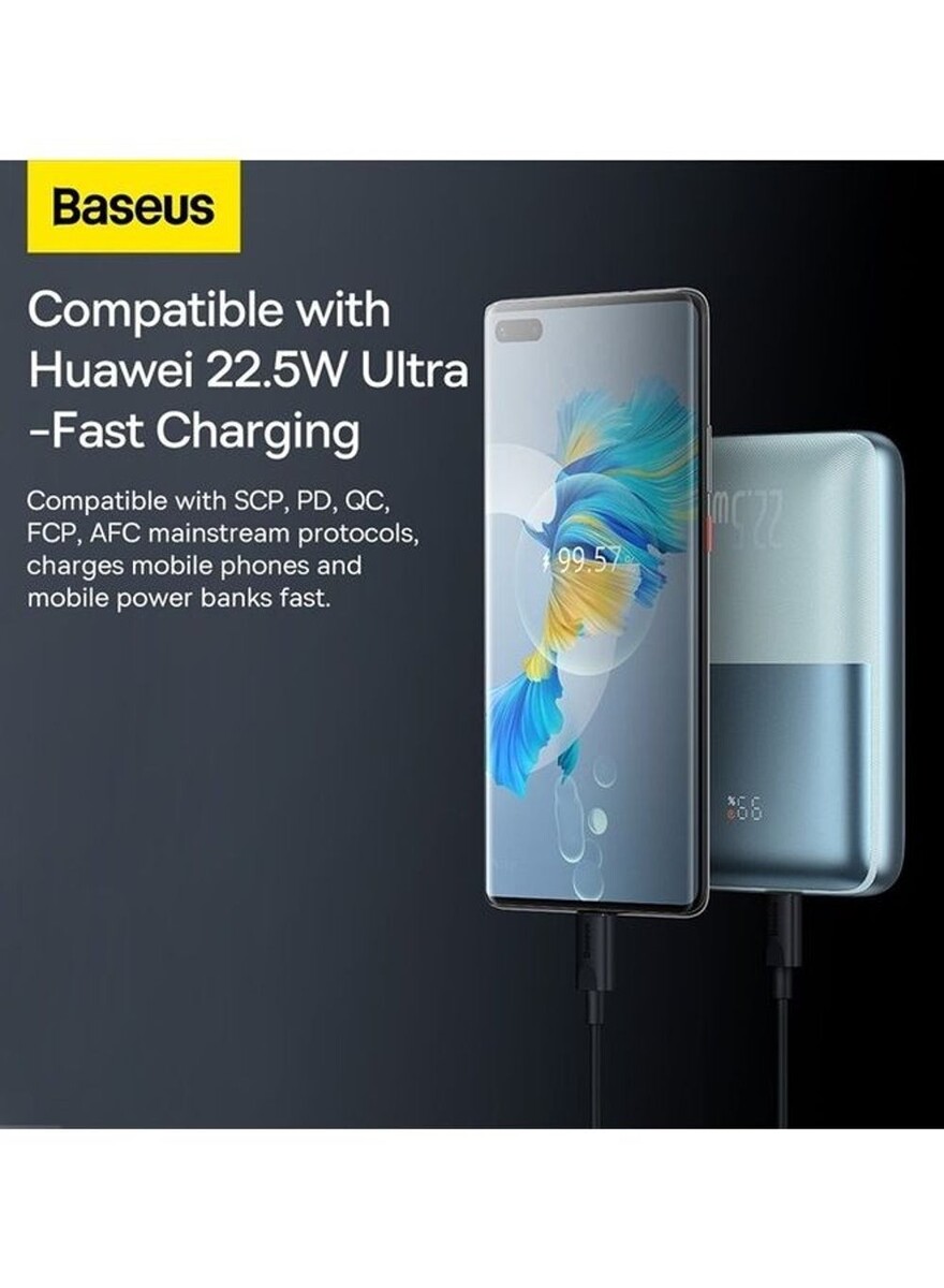 باسيس - بنك طاقة محمول USB C مع شاشة رقمية (20000 مللي أمبير مع منفذ USB C ومنفذين USB A لشحن يصل إلى 22.5 واط - أزرق