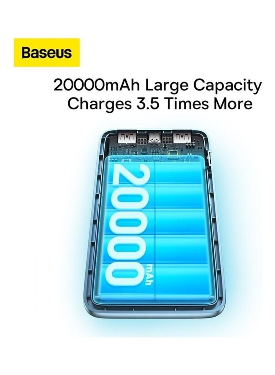 باسيس - بنك طاقة محمول USB C مع شاشة رقمية (20000 مللي أمبير مع منفذ USB C ومنفذين USB A لشحن يصل إلى 22.5 واط - أزرق