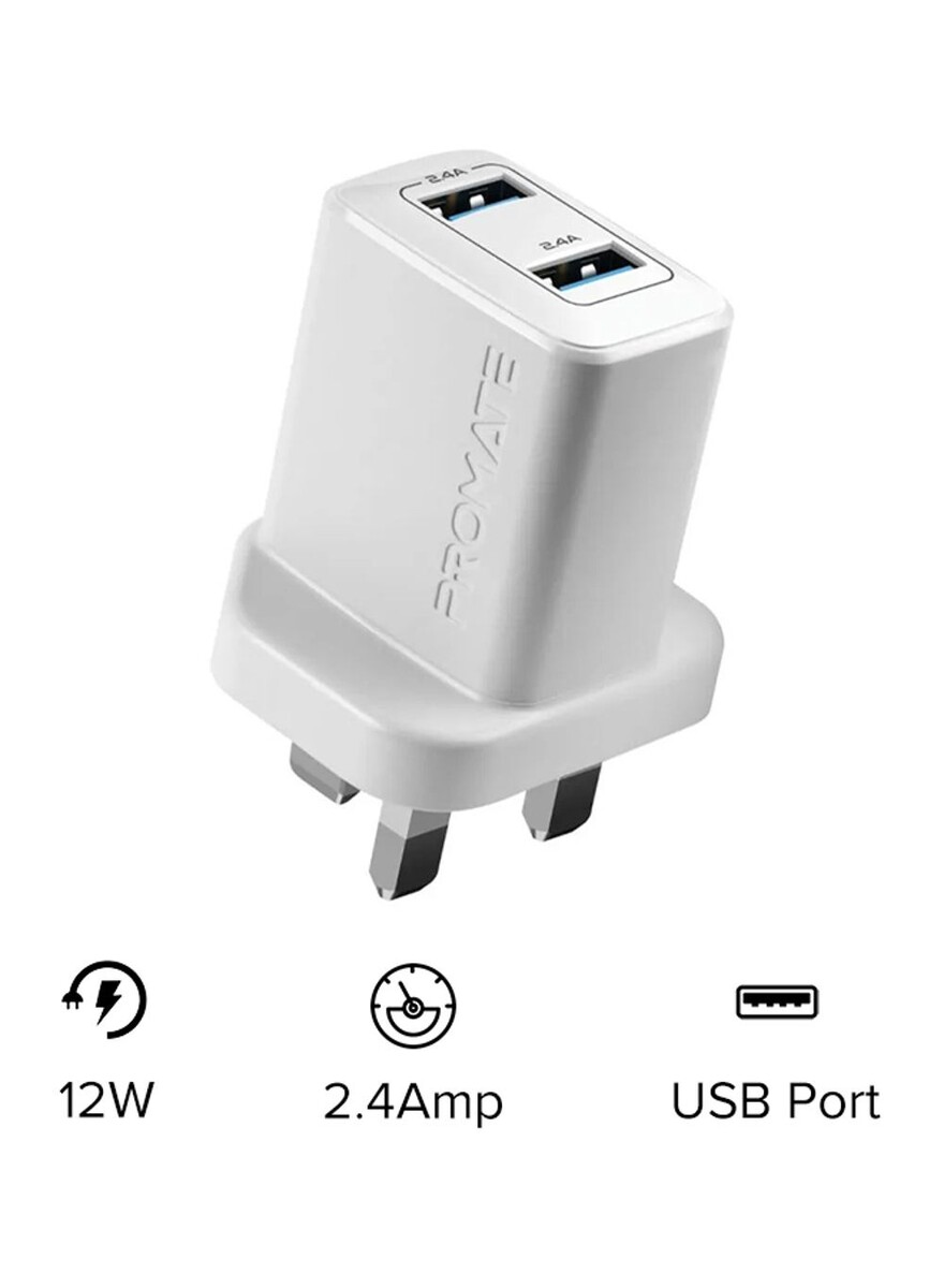PROMATE Dual USB Port Power Adapter White | Sharjah Co-operative Society