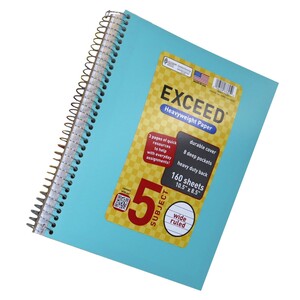 Exceed Wide Ruled Paper Spiral 5 Subject Notebook 10.5x8.5inch 75 g 160 Sheets Assorted