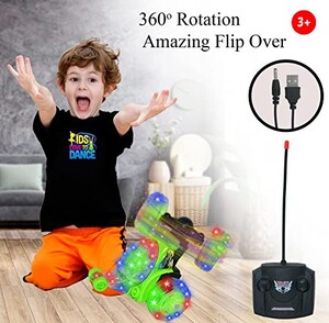 Toy Land Remote Control Rechargeable Acrobatic 360 Degree Twisting Stunt Car with Music & Lights and Charger for Kids (Green)