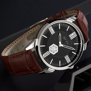 AFRA MOMENT GENTS WATCH SILVER CASE BLACK DIAL BROWN LEATHER