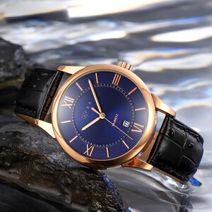 AFRA OBERON GENTS WATCH ROSE GOLD CASE BLUE DIAL BLACK LEATHER