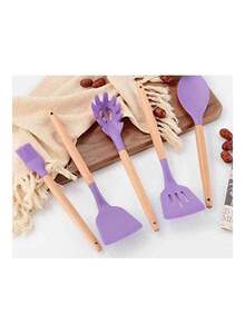 XiuWoo XiuWoo 12-Piece Silicone Wooden Handle Kitchen Utensil Set With Holder Purple/Brown One Size