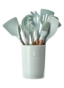 XiuWoo XiuWoo 11-Piece Silicone Cooking Utensil Set with Barreled Holder Green/Brown One Size
