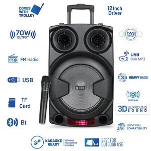 ZOOOK Bluetooth Trolley Speaker with Karaoke, 70 Watts, Echo Control, Recording Function, LED Lights,USB Flash,TF Card,FM Radio,Wireless Mic,Remote Control,Built-in Battery