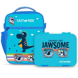 Eazy Kids - Bento Boxes W/ Insulated Lunch Bag Combo - Jawsome Shark Blue