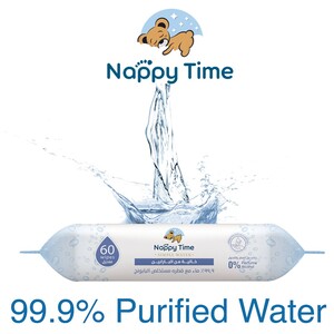 Nappy Time Baby Wipes 99.9% pure water with Chamomile extract; fragrance, alcohol, and paraben free baby wipes, safe for newborn skin, 60 Wipes