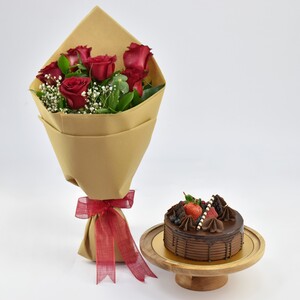 Ferns N Petals Chocolate Cake with Bunch of 6 Red Roses