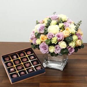 Ferns N Petals Purple and White Roses Array With Belgian Chocolates