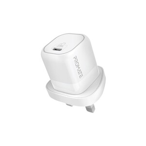 Promate GaN USB-CCharger, Ultra-Compact USB-CWall Charger with Fast-Charging USB-C25W Power Delivery Port, Adaptive Smart Charging and Short-Circuit Protection for iPhone 13, iPad Air, PowerPort-25 UK White