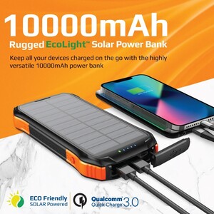Promate Solar Power Bank with 10000mAh Battery, IP65 Protection, Qi Charger, USB-C PD and QC 3.0 Port, SolarTank-10PDQi