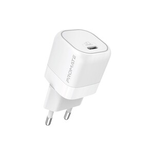 Promate GaN USB-CCharger, Ultra-Compact USB-CWall Charger with Fast-Charging USB-C25W Power Delivery Port, Adaptive Smart Charging and Short-Circuit Protection for iPhone 13, iPad Air, PowerPort-25 EU White