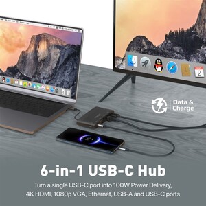 Promate USB-C Hub, 6-in-1 Type-C Sync/Charge Adapter with 4K HDMI, 1080p VGA, 1000Mbps LAN, 100W USB-C Power Delivery, 5Gbps USB 3.0 and USB-C Ports for MacBook Pro, iPad Air, Galaxy S22, MediaHub-C6