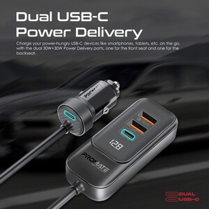 Promate Car Charger, Premium 120W DC Charger with Extended Fast-Charging Hub, Dual USB-C™ Power Delivery Ports, Dual Qualcomm QC 3.0 USB-A Ports and 1.5M Long Cable for iPhone 14, iPad Air, GearHub-120W