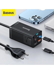 Baseus USB C Charger, 65W PD GaN3 Fast Wall Charger Block, 4-Ports [2USB-C + 2USB] Charging Station with 3.3ft AC Cable for MacBook Pro/Air, USB-C Laptop