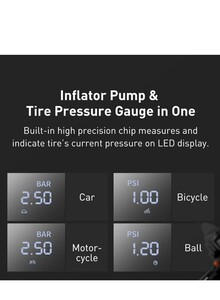 Baseus Portable Car Air Compressor Super Mini Inflator Pump Tire Pressure Gauge Digital Display Electric Air Pump 12V LED Lamp Black