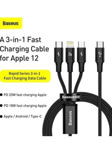 Baseus 3-in-1 Rapid Series Type-C 20W PD Nylon Braided Fast Charging Data Cable with Micro, Type-C, Lightning for Phone 13/12/11 Pro/XR/Max/Samsung S10 S9 /Note 9/ Moto G7/LG and More Black