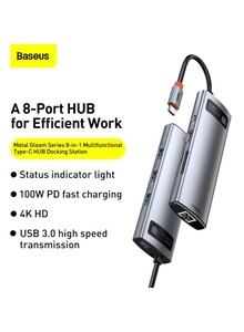 Baseus 8 in 1 USB C Hub Docking Station Adapter with 4K HDMI for MacBook Pro, Surface Pro, iPad Pro and Other Type C Devices Grey/Black