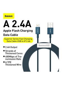 Baseus Superior Series USB to Lightning-Fast Charging Cable Data Transfer 2.4A for iPhone 13 12 11 Pro Max Mini XS X 8 7 6 5 SE iPad and More (1M) Blue