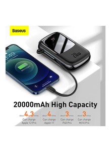 Baseus 20000 mAh Qpow Digital Display Quick Charging Power Bank 20W Built-in iP Cable Black