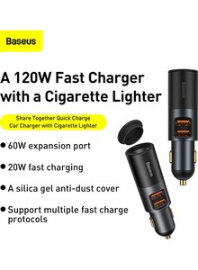 Baseus USB C Car Charger 120W Multi USB Fast Charging QC 3.0 \u0026 PD 3.0 30W+30W+60W 2 USB and Expansion Ports Cigarette Lighter for Smartphones/Tablets/Switch