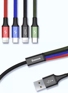 Baseus 4-in-1 Rapid Series Fast Charging Cable for iPhone x 2 + Type-C + Micro USB Data Sync Charging Cable for Samsung s9 s8 Plus Note 9 8 3.5A 1.2M Multicolour