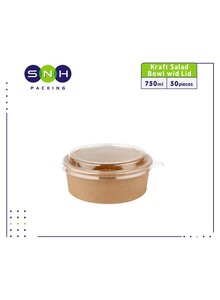 SNH PACKing 50 Pieces Kraft Salad Bowl With Lid Brown 750ml