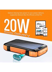 Promate iPhone14 20000Mah Power Bank, Solar Powered Portable Charger With Wireless Charging, Usb-C Power Delivery Port, Qc 3.0 Port, 5V/3A Usb Ports, Ip66 Protection And Led Light, Solartank-20Pdqi Black