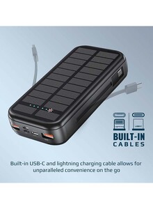 Promate iPhone14 Solar Power Bank, Portable 20000Mah Battery Charger With Built-In 5V/2.1A Usb-C And Lightning Cables, 20W Usb-C Power Delivery And Dual Qc 3.0 Ports For iPhone 13, Galaxy S22, Solartank-20Pdci Black