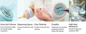 Marcus & Marcus Silicone Angled Feeding Bottle & Dispensing Spoon Set - Peach