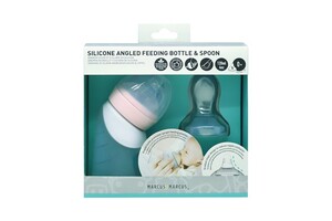 Marcus & Marcus Silicone Angled Feeding Bottle & Dispensing Spoon Set - Peach