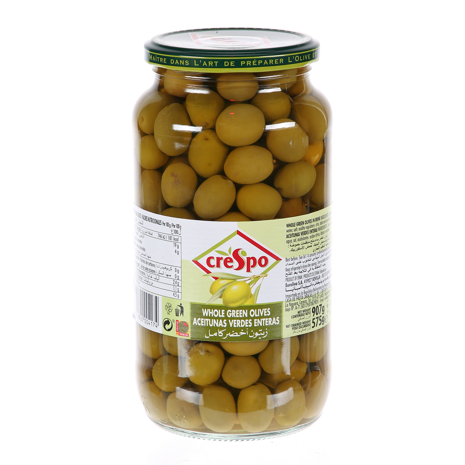 Crespo Whole Green Olives Jar 575 g