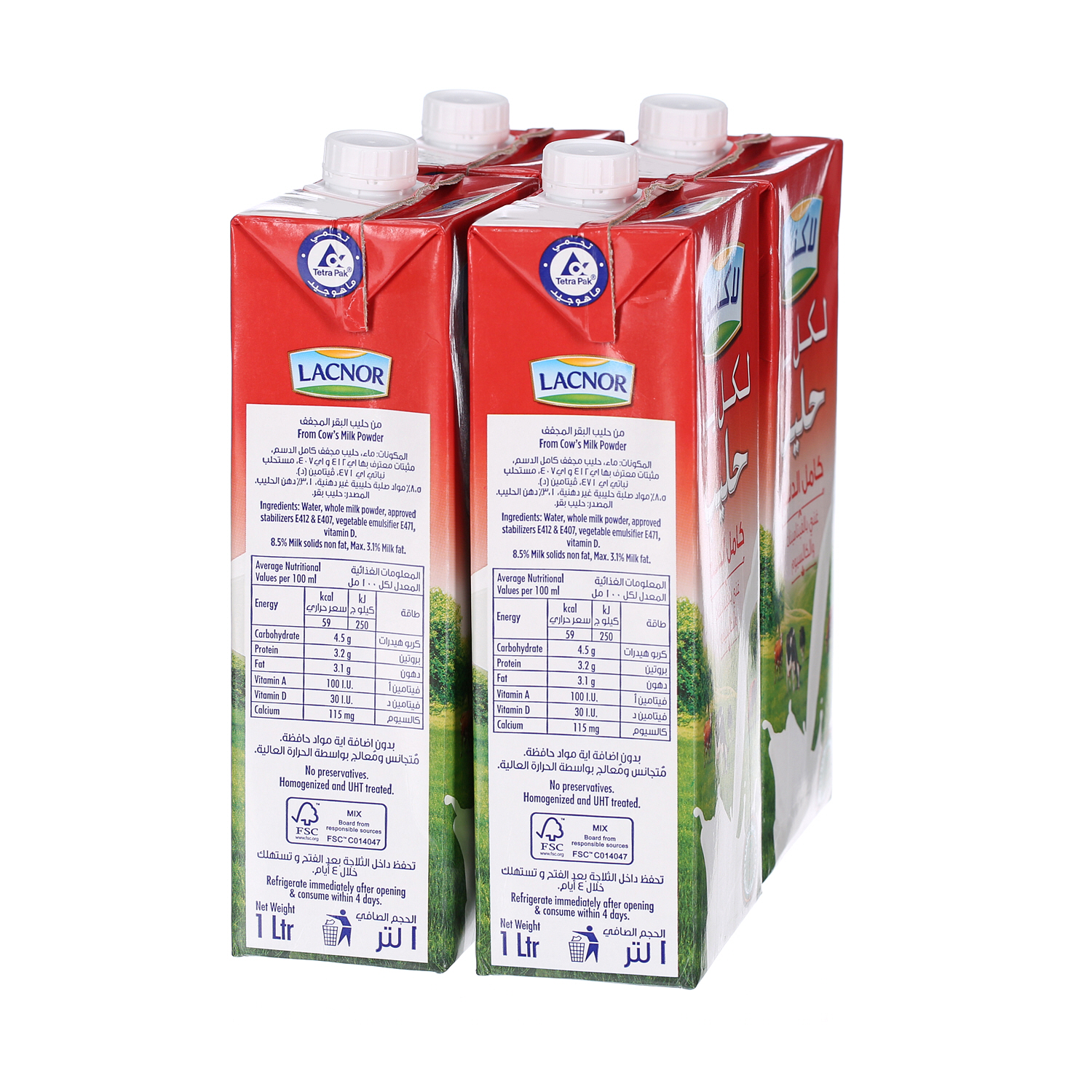 Lacnor Long Life Full Cream Milk 1 L × 4 Pack