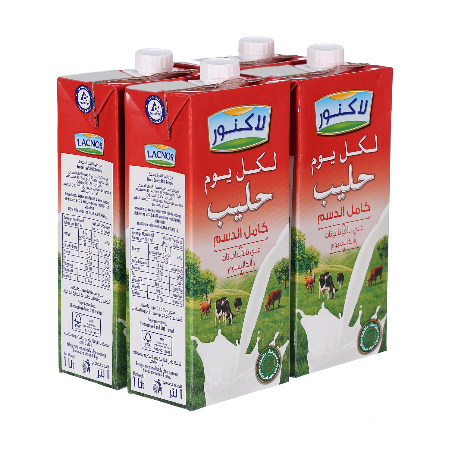 Lacnor Long Life Full Cream Milk 1 L × 4 Pack