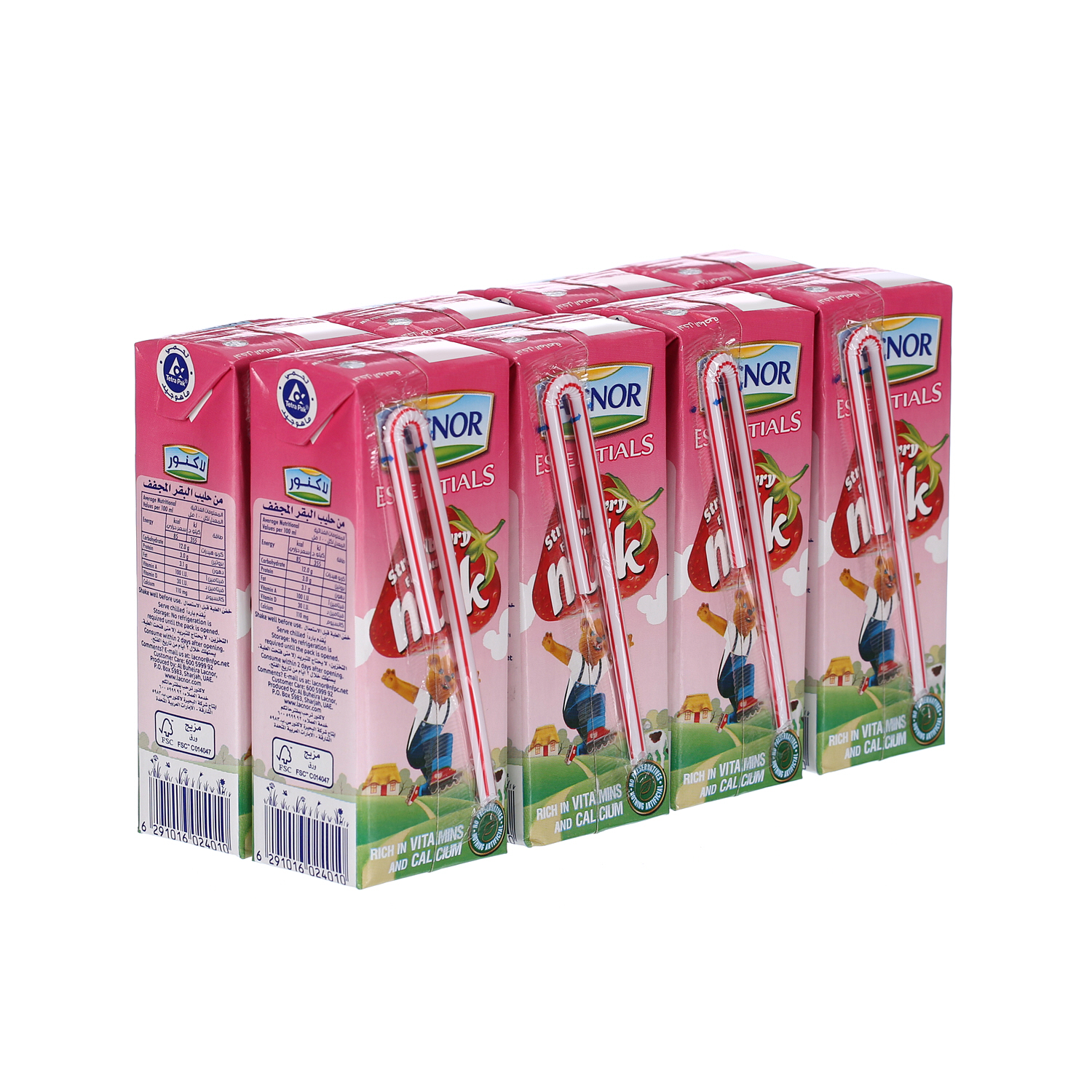 Lacnor Essentials Strawberry Flavored Milk 180 ml Pack of 8