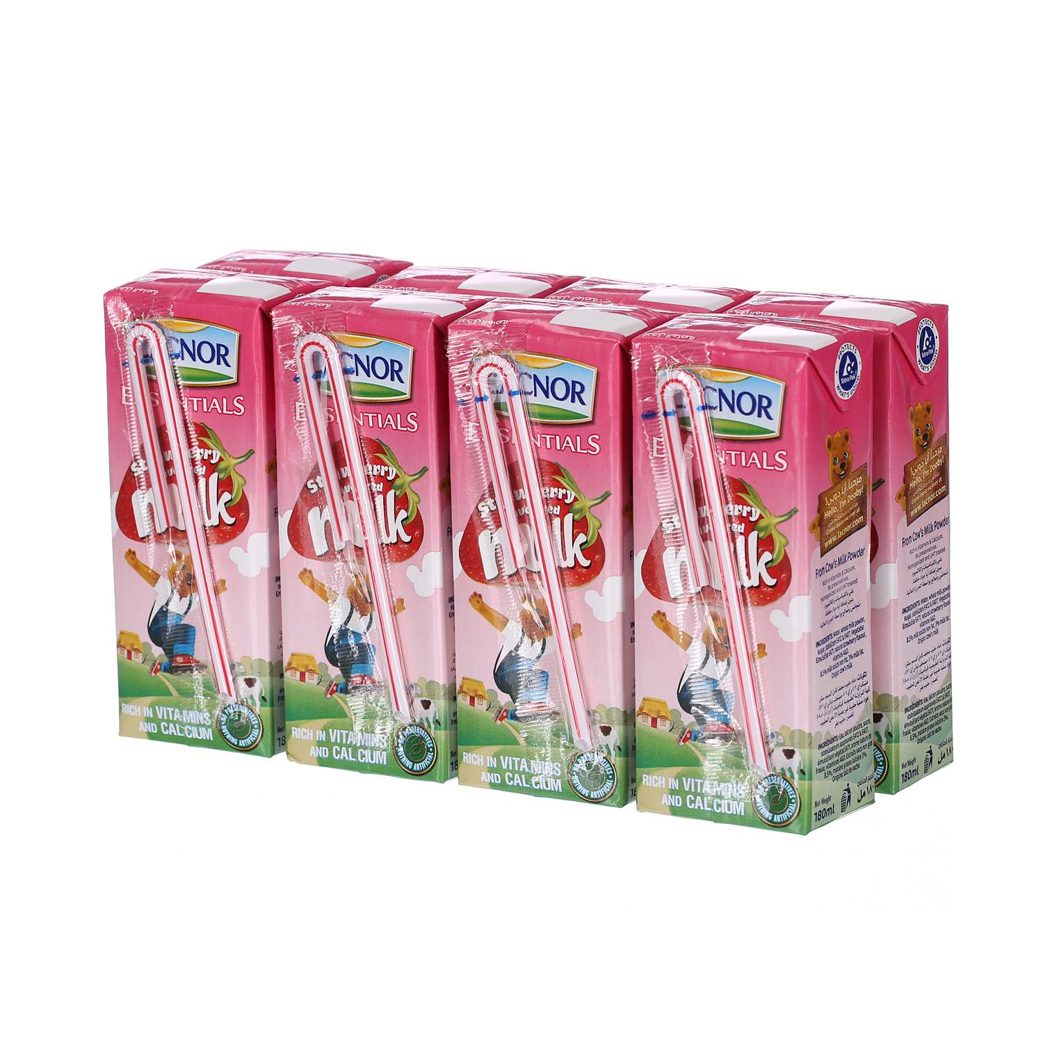 Lacnor Essentials Strawberry Flavored Milk 180 ml Pack of 8