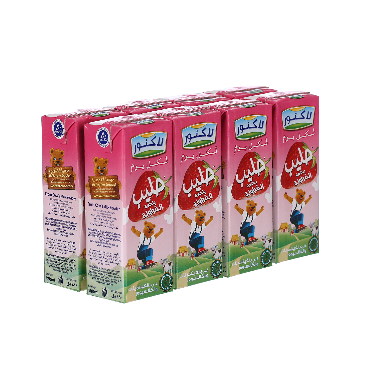 Lacnor Essentials Strawberry Flavored Milk 180 ml Pack of 8