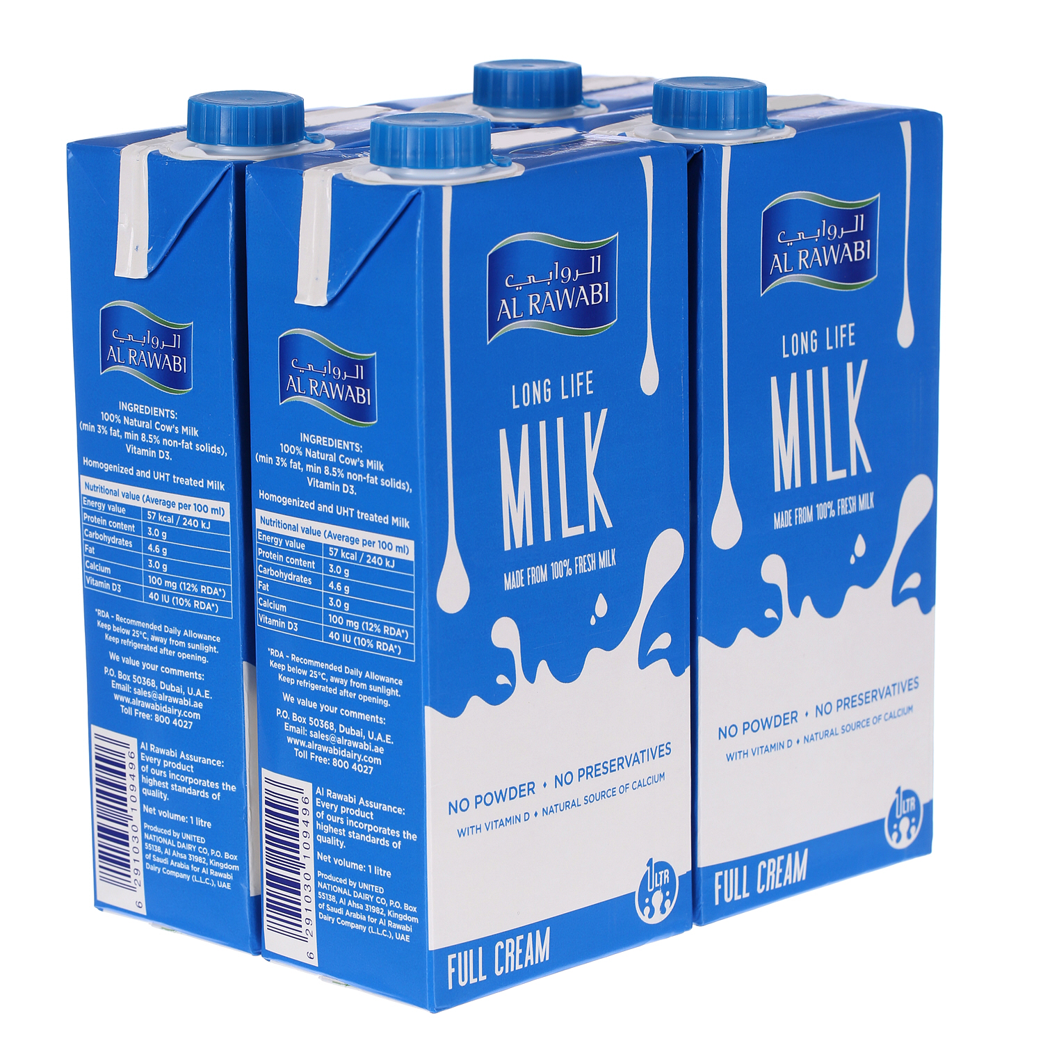 Al Rawabi Full Cream Long Life Milk 1 L × 4 Pack