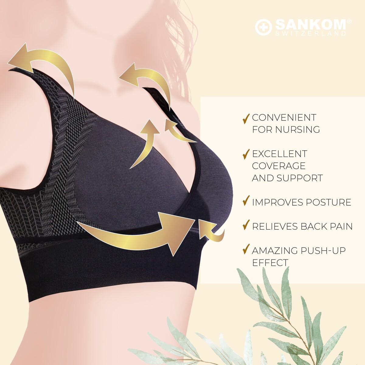 Sankom - Patent Classic Bra For Back Support, Black XL/XXL