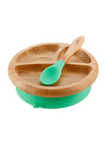 Bamboo Suction Classic Plate With Spoon - Brown/Green