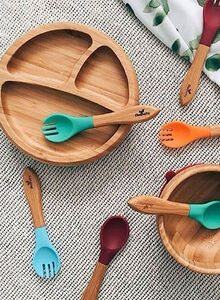 Bamboo Suction Classic Plate With Spoon - Brown/Green