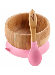 Baby Bamboo Stay Put Suction Bowl With Spoon - Brown/Pink