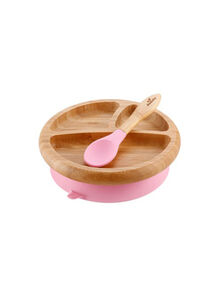 Bamboo Suction Classic Plate With Spoon - Brown/Pink